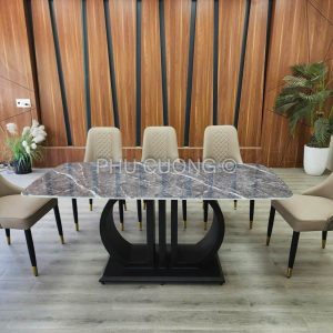 Bàn ăn 6 ghế ô quả trám mặt đá vi tinh BK030