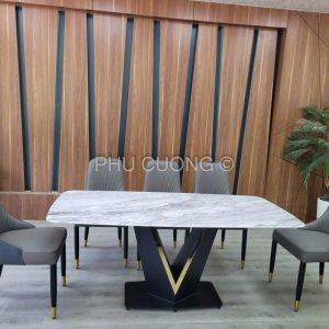 Bàn ăn 6 ghế vân đá vi tinh đẹp BK034