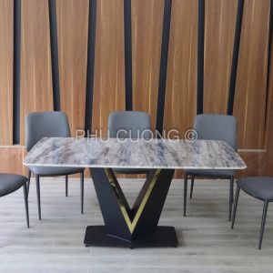 Bàn ăn chữ V viền vàng gương 6 ghế BK013