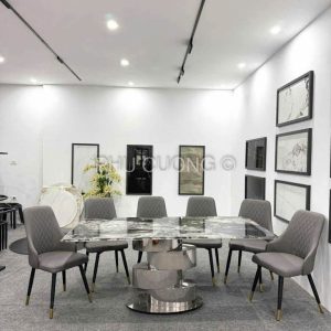 Bàn ăn Đá Vi Tinh 1m8 chân inox tráng bạc BA019