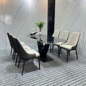 Bàn ăn 1m6 mặt đá Ceramic bóng 6 ghế BA012