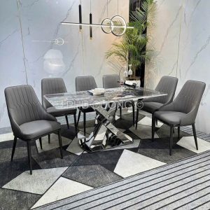 Bàn ăn chân inox tráng bạc cao cấp 6 ghế BA015