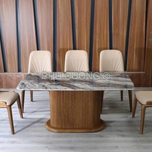 Bàn ăn chân gỗ sồi 6 ghế cao cấp BS005