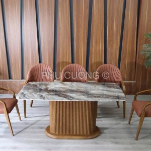 Bàn ăn chân gỗ trụ 6 ghế Nâu đỏ BS006