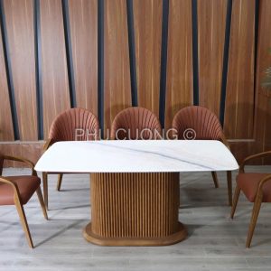 Bàn ăn gỗ sồi mặt vi tinh trắng BS007