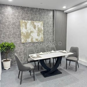 Bộ bàn ăn Xám lông chuột 6 ghế da BA039