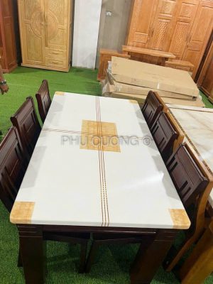 Bàn ăn gỗ tự nhiên mặt đá dày đẹp LTS014