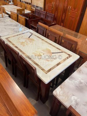Bàn ăn gỗ tự nhiên mặt đá hoa Sen dày chân to LST018