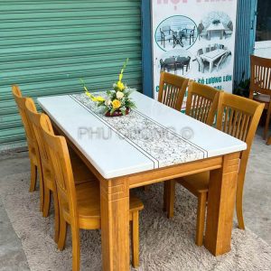 Bàn ăn gỗ mặt đá dày 3cm họa tiết đẹp LTS006