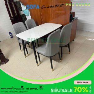 [BA053] Trọn bộ bàn ăn 4 ghế 1m2 mặt trắng ghế xám