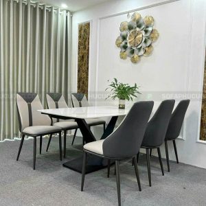 [BA063] Bộ bàn ăn chữ X 1m6 mặt đá 6 ghế hiện đại