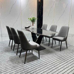 [BA069] Bộ bàn ăn chữ V full màu tối 6 ghế 1m6