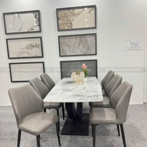 [BA70] Bộ bàn ăn 6 ghế da xám bàn đá 1m6